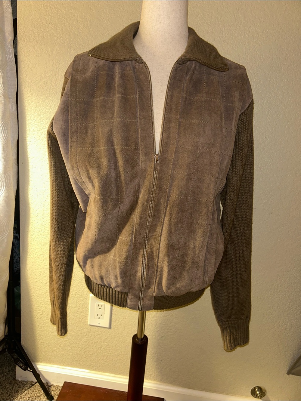 Vintage Mervyns Taupe Suede Bomber Jacket with Knit Sleeves Large